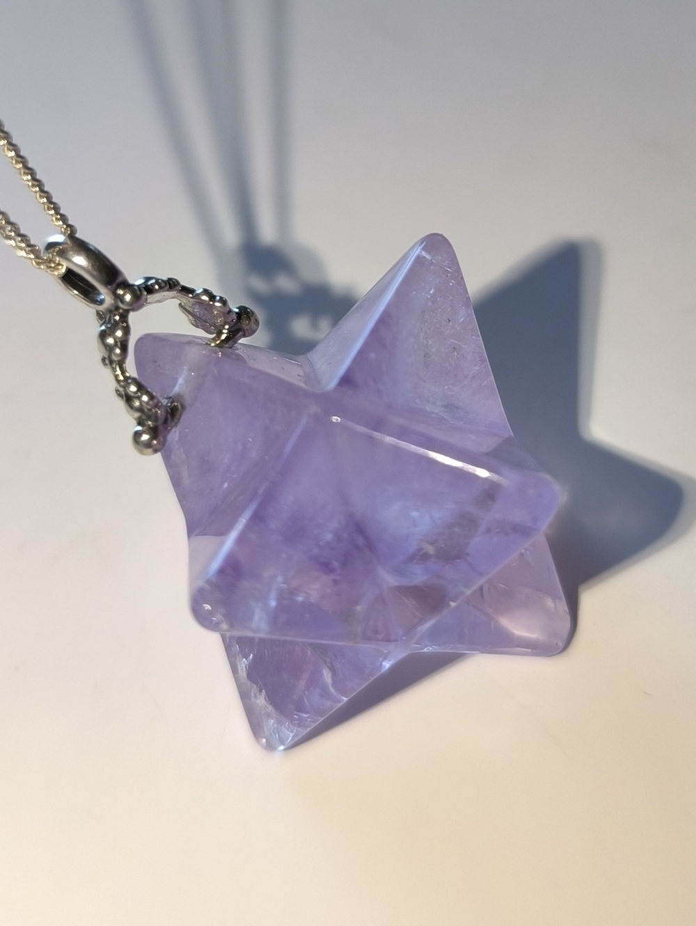 Merkaba Large Natural Carved Lilac Amethyst Sterling Silver Pendant Necklace
